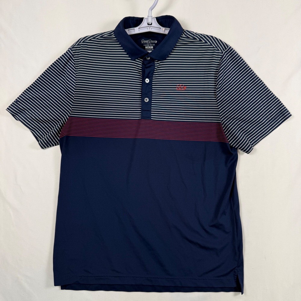 Good Good Golf Mens Medium Performance Polo Shirt Navy Blue Striped Colorblock